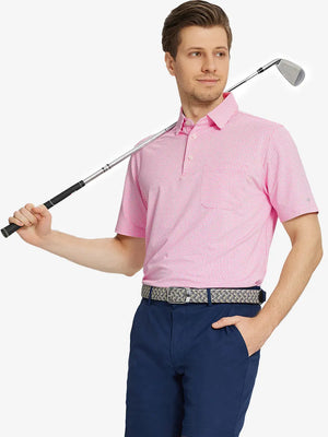 Model front half-body with golf club wearing ROSE Elegant Performance Jacquard Polo