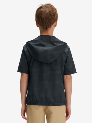 Back waist-up shot of model wearing dark grey water-resistant short sleeve q-zip hoodie for boys