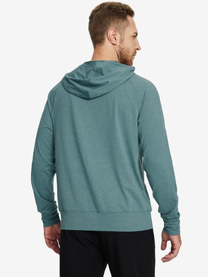 Back angle of the Aqua Heather Quarter Zip Hoodie, model turns head slightly for a relaxed look.