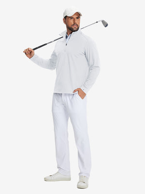 Model holding golf club wearing Fleece lined golf quarter zip in active white