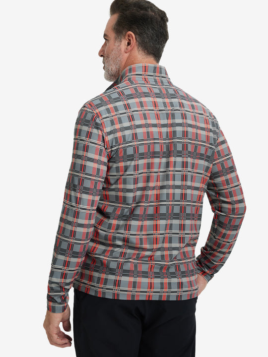 Back upper body angle of the red/black/white plaid full print quarter zip pullover, model turns head slightly.