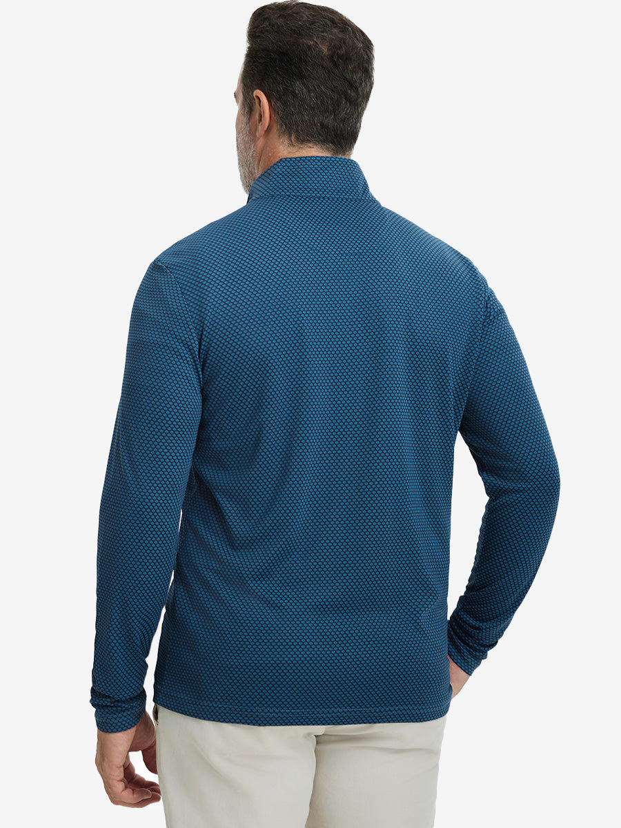 Back upper view of model wearing jacquard quarter zip pullover in navy/blue, showing clean seam lines.