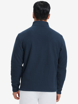 Back upper view of model in soft winter fleece jackets, showing shoulder fit and fleece texture in navy.