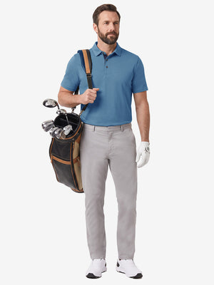 Front full body shot of model exercising in light blue  ultra-comfort slim fit roma knit polo shirts
