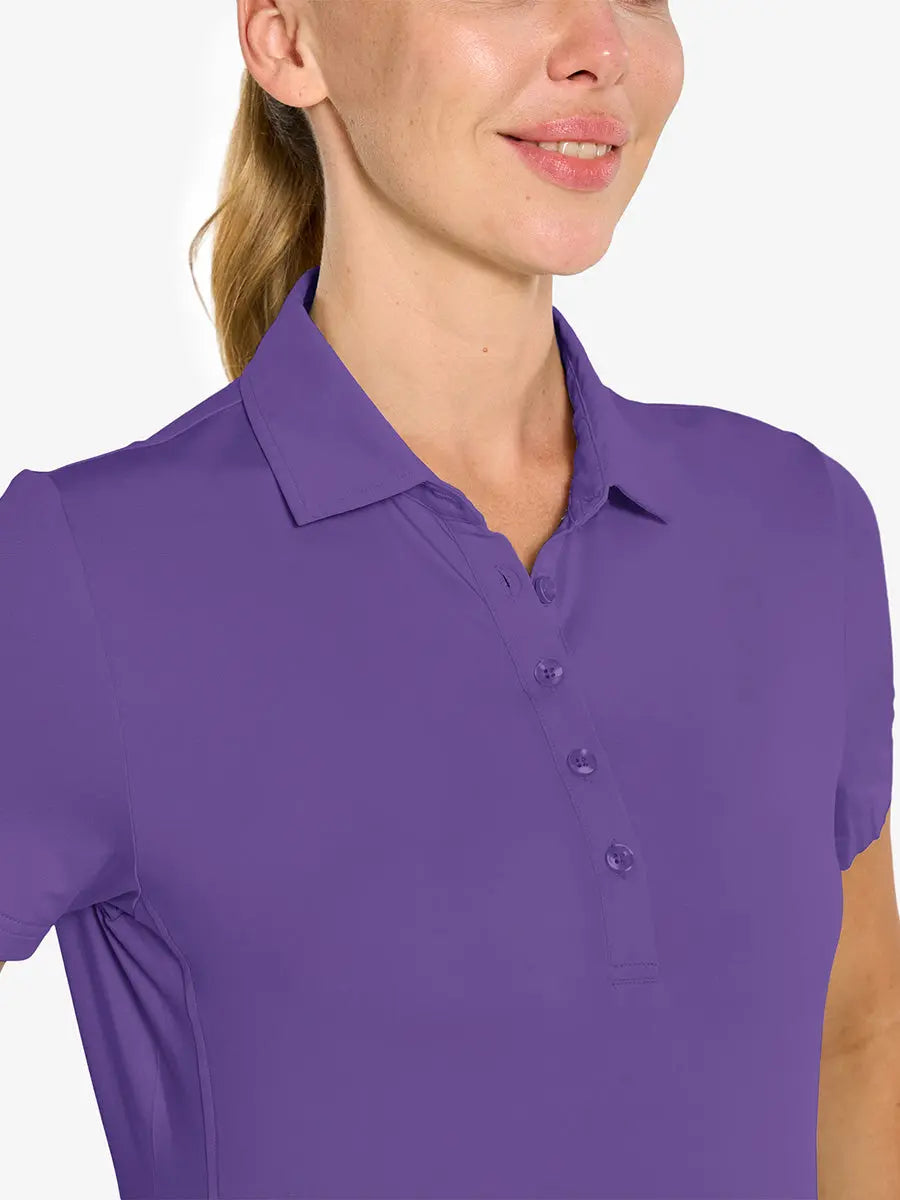 Close-up front view from nose to chest in PURPLE Women's Performance Solid Polo