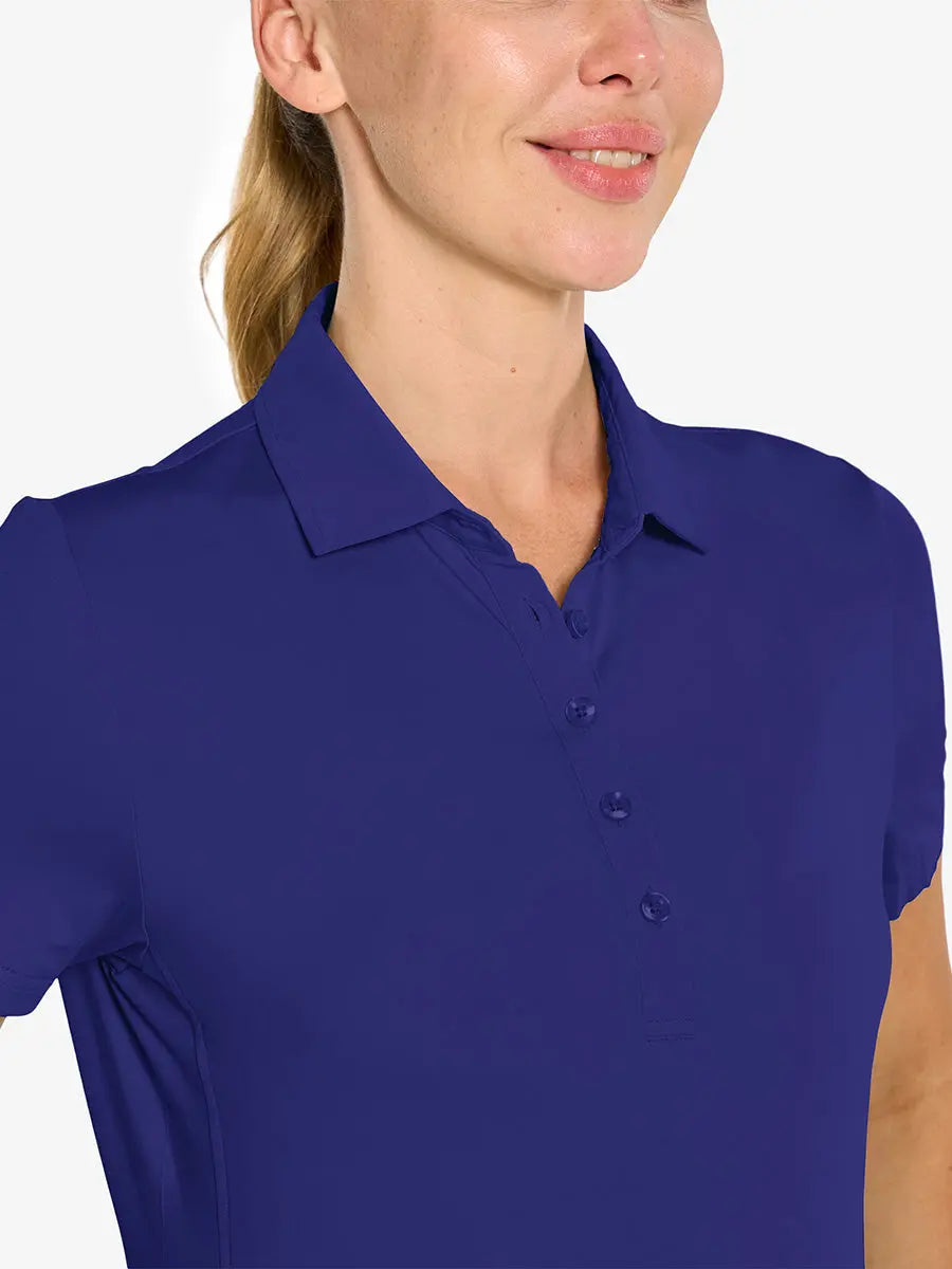 Close-up front view from nose to chest in KLEIN BLUE Women's Performance Solid Polo