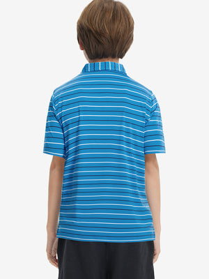 Back upper body of model in trendy boys stripe polo shirts, showing silhouette and classic blue stripe tone