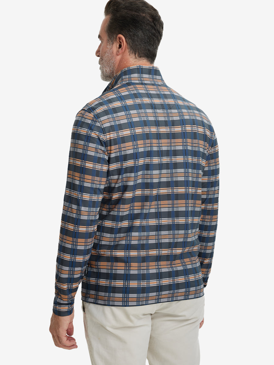 Back upper body angle of the blue/white/yellow plaid full print quarter zip pullover, model turns head slightly.