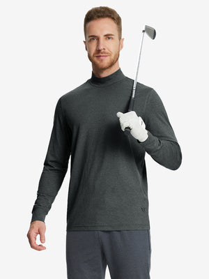 Model holding a golf club while wearing the Dark Grey Heather Long Sleeve Mock Turtleneck Shirt.