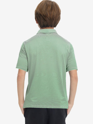 Back half-body view of youth wearing emerald stripe performance cooling polo, showing rear design
