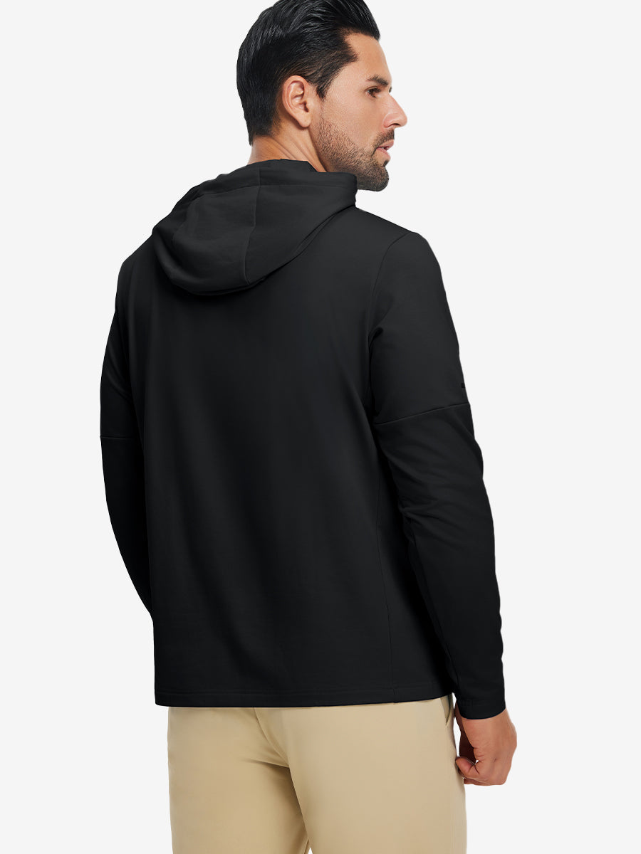Back upper view of model wearing casual solid fleece hoodies pullover in black, showing smooth seams.