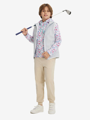 A full-body shot of a model wearing a youth full print stylish hoodie pullover in white painting, holding a golf club