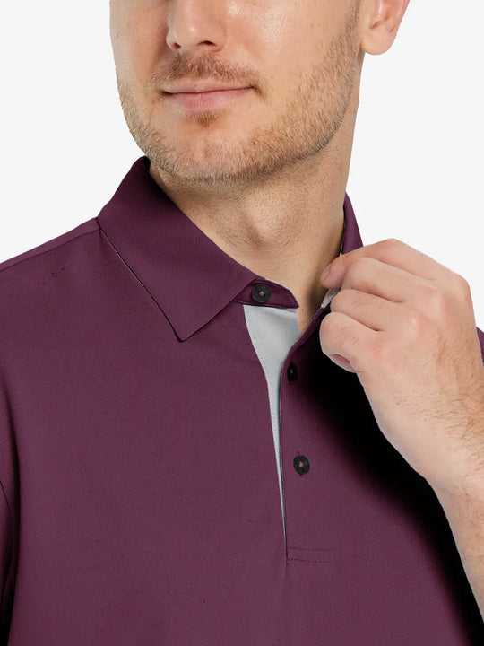 Model front close-up from nose to chest wearing BORDEAUX RED Ventilated Pique Performance Polo