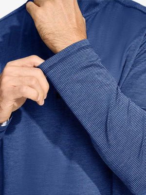 Close-up of cuff on Pinstripe Quarter Zip Pullover, showing stretch and construction – GREY BLUE MELANGE