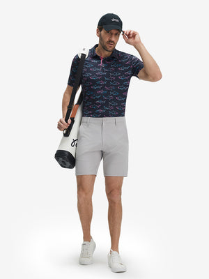 Full-body front view of model wearing the ombre shark 4 way stretch print collared polo shirt, showing the complete outfit