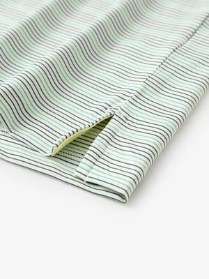 Close-up of side hem slit on Olive Green Beryl Green Performance Stripe Golf Shirt