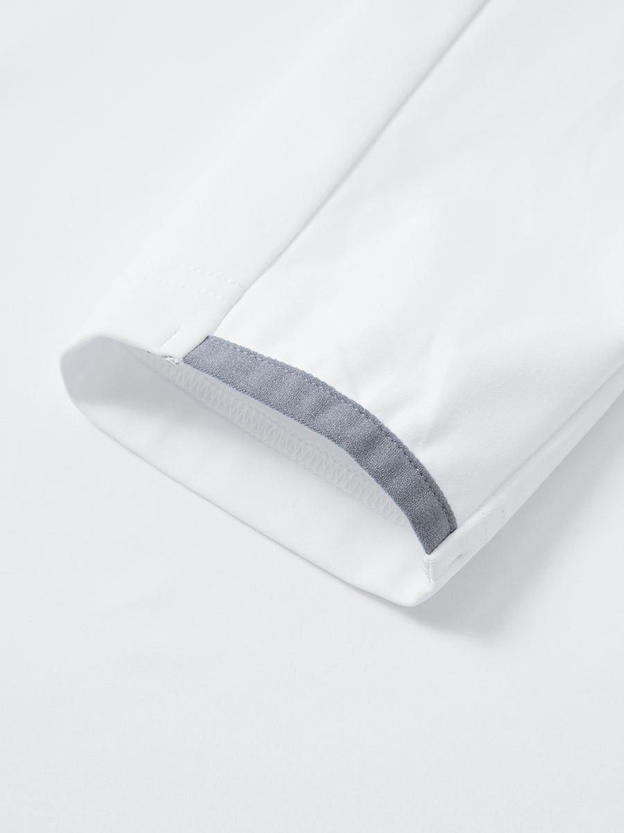 Collar zipper and inner neck pattern detail of the lightweight golf quarter zip pullover in white navy stripe.