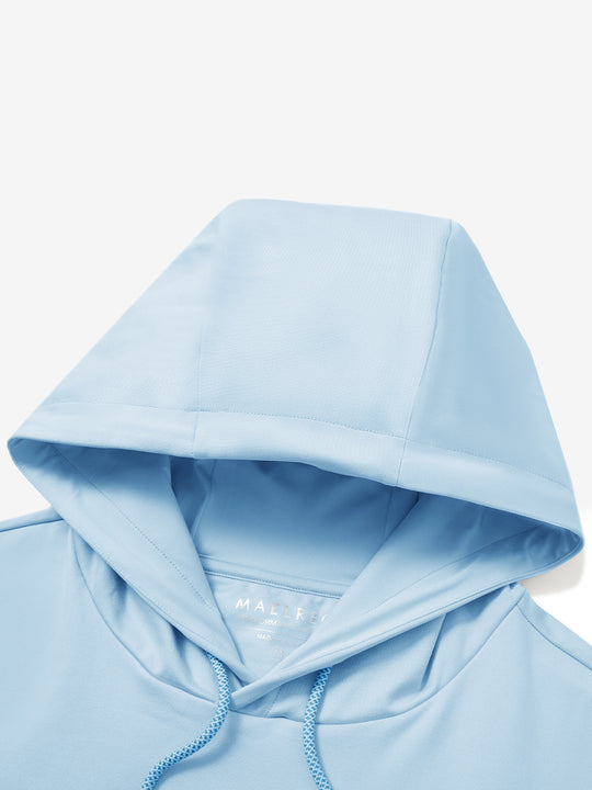 Detailed shot of hoodie and collar connection on casual solid fleece hoodies pullover in light blue