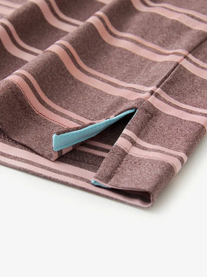 Hem slit detail of WINE RED STRIPE Performance Yarn Dye Striped Polo highlighting stitching and finish
