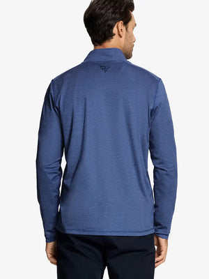 Back half-body view of model in Pinstripe Quarter Zip Pullover, showing back detail – GREY BLUE MELANGE