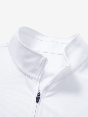 Collar close-up of Premium jacquard quarter zip pullover with zip detail in white