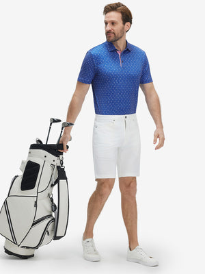 Full-body front view of model wearing the blue golf swing 4 way stretch print collared polo shirt, showing the complete outfit