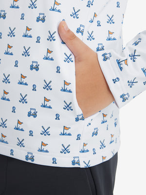 Model with both hands in pockets wearing youth full print stylish hoodies pullover in white golf.