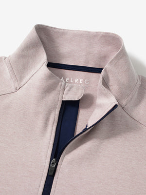 Close-up collar detail of khaki two tone pique cotton blend q-zip with subtle logo