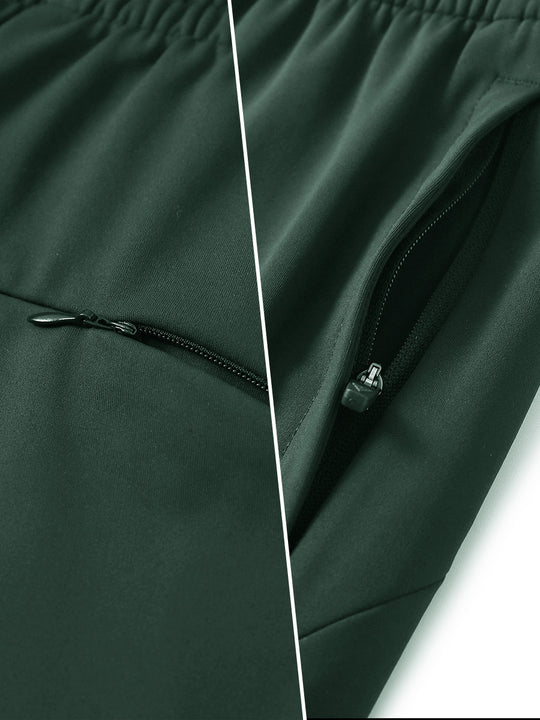 Two-part detail of lightweight women's stretchy joggers sweatpants zippers shown in forest green.