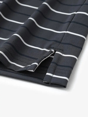 Hem detail of trendy boys stripe polo shirts, fine finish with subtle dark grey stripe touch
