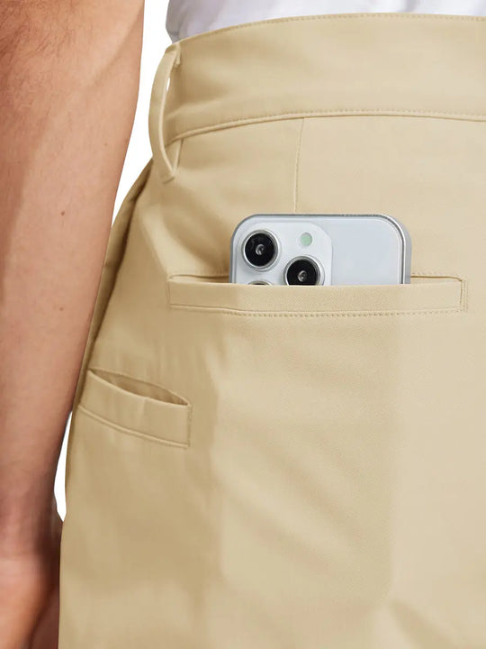 Back pocket detail of Water Repellent 8 Pockets Pants in LIGHT KHAKI，showing fabric texture and fit.，showcasing pocket functionality.