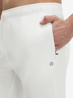 Front zipper pocket detail of white superion softness mesh joggers with zipper pockets