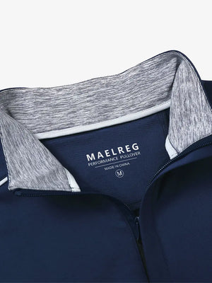 Close-up of collar and interior logo detail on NAVY Stretch Solid Fleece Quarter-Zip Vest.								
