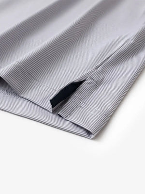 Hem slit detail of GREY WHITE STRIPE Pinstripe Jersey Performance Polo								
