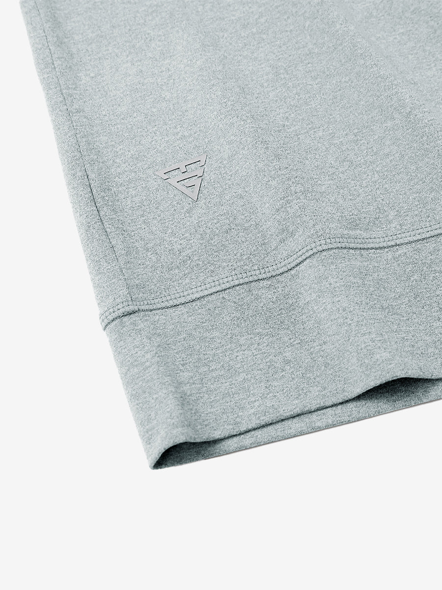 Hem detail of quarter zip melange pullover lunar rock melange with small maelreg logo.