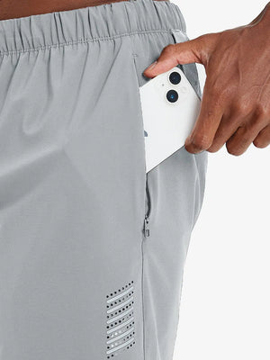 Side pocket detail with iPhone inserted on LIGHT GREY 2 in 1 Running Sports Shorts with Liner