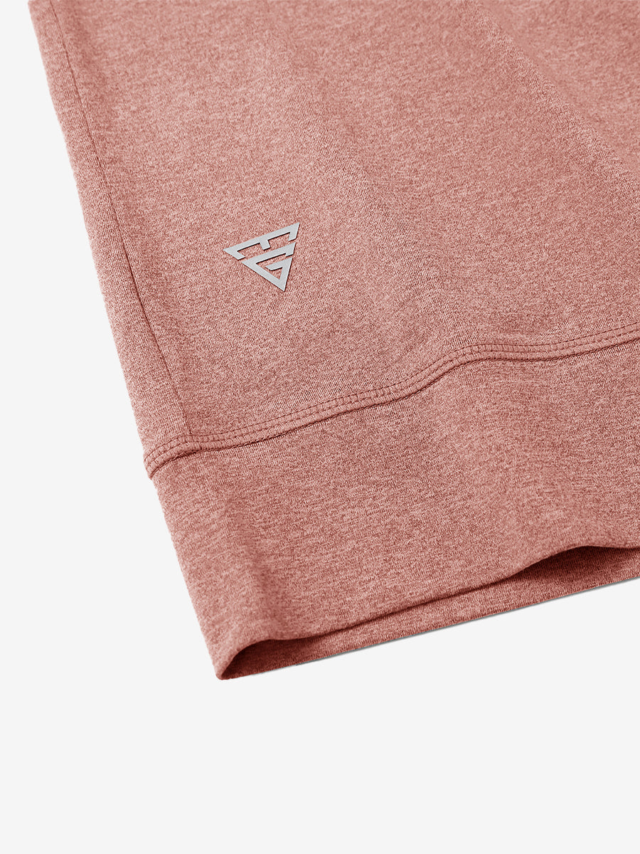 Hem detail of quarter zip melange pullover brick melange with small maelreg logo.