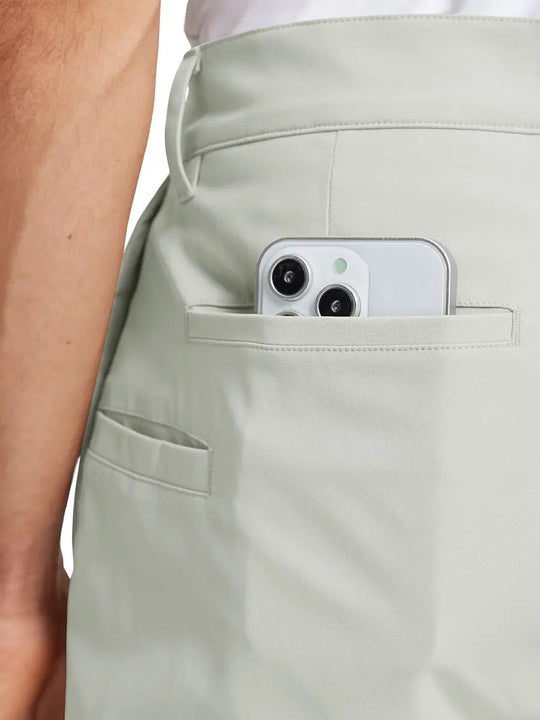 Back pocket detail of Water Repellent 8 Pockets Pants in SILVER GREY，showing fabric texture and fit.，showcasing pocket functionality.