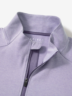 Close-up collar detail of lanvender two tone pique cotton blend q-zip with subtle logo