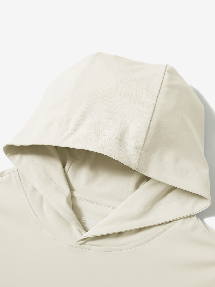 Hood detail of the cream dry fit stretchy sweatshirts hoodie, showing smooth fabric and neat seams.