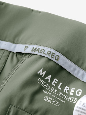 Inside view of Olive Green Quick Dry Casual Shorts, showcasing MAELREG logo label detail.