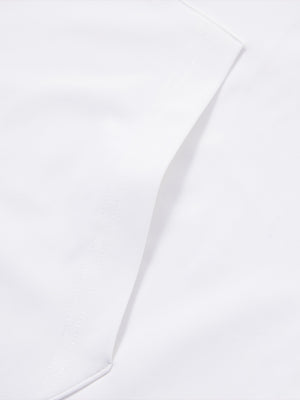 Close-up of single pocket detail on youth long sleeve hoodied with kangaroo pocket in white, showing stitching.