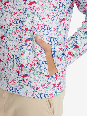 Model with both hands in pockets wearing youth full print stylish hoodies pullover in white painting.