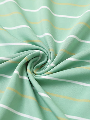 Fabric detail of kids stylish stripe polo shirts, soft striped weave with light green stripe accent