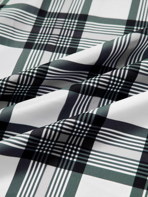 Close-up of retro grey plaid full print lightweight quarter zip pullover fabric, soft and breathable texture