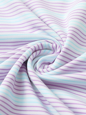 Close-up fabric detail of performance stripe golf shirts, breathable texture with soft lilac light blue stripe finish