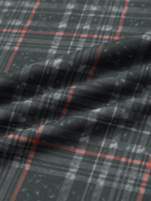 Full print lightweight quarter zip pullover, close-up of smooth fabric with detailed print in retro black/red plaid