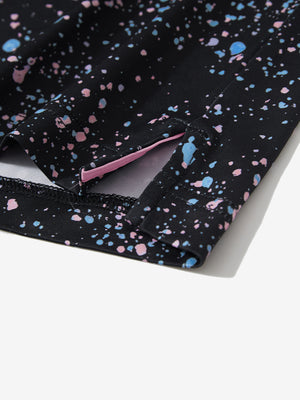 Detail: hem slit of black splatter stretch printed collarless henley golf shirts