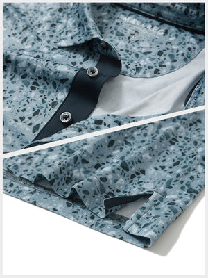 Hem detail of Performance quick dry print golf polos with neat stitching and camo fragments finish