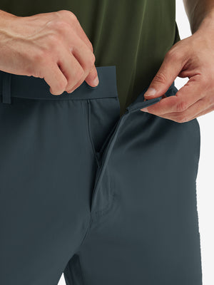 Detail view of the zipper on the grey blue stretch soft flat front dress golf shorts, highlighting secure closure